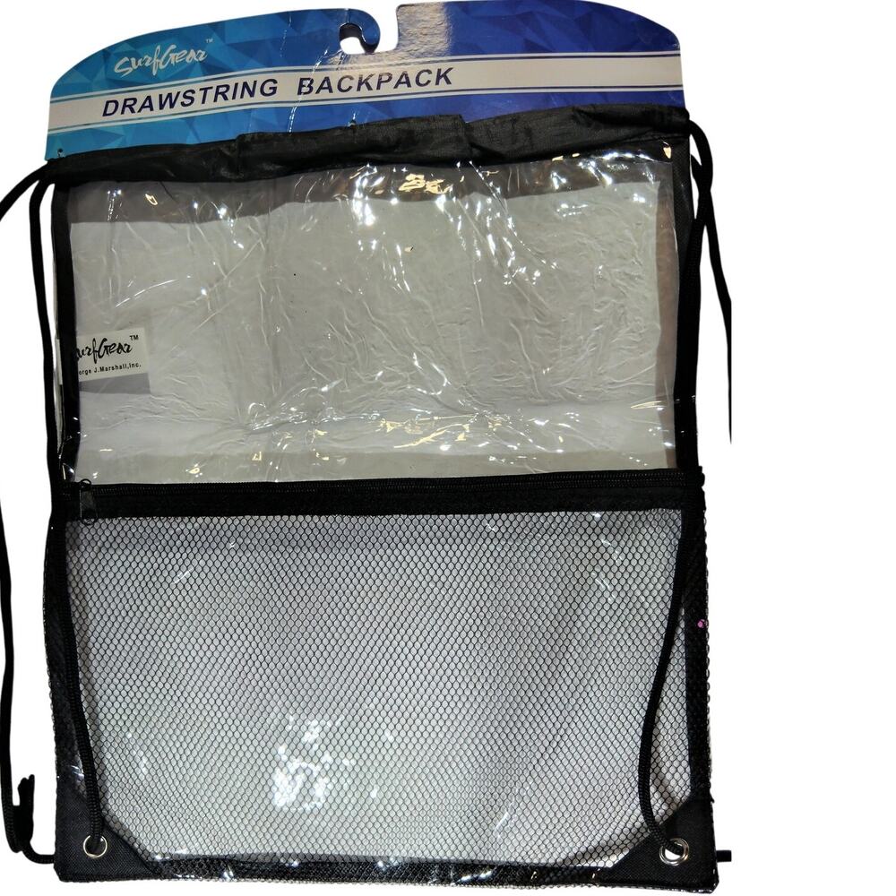 SurfGear Clear Drawstring Backpack, Transparent PVC Bag w/ Mesh Pouch Black